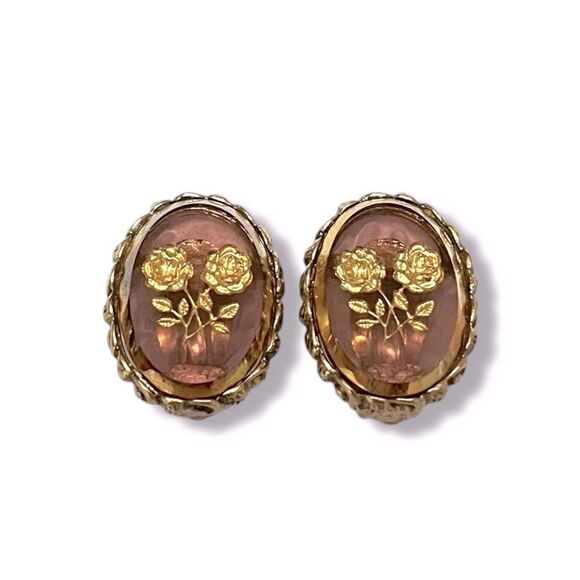 Vintage Whiting & Davis Floral Intaglio Clip Earrings - Picture 2 of 8